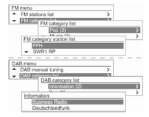 FM/DAB menüsü → FM/DAB kategorisi listesi